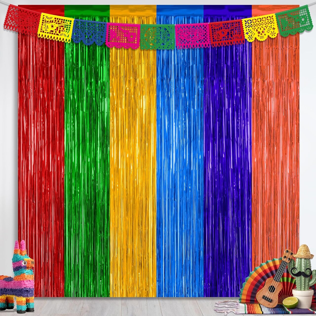 2 Pack Cinco De Mayo Fiesta Rainbow Backdrop Curtains – Metallic Fringe Tinsel Streamers (3.28 FT x 7.05 FT) – Mexican Party Decorations for Taco Party, Birthday, Carnival & Celebration Decor – Perfect for Mother's Day Card Making Displays